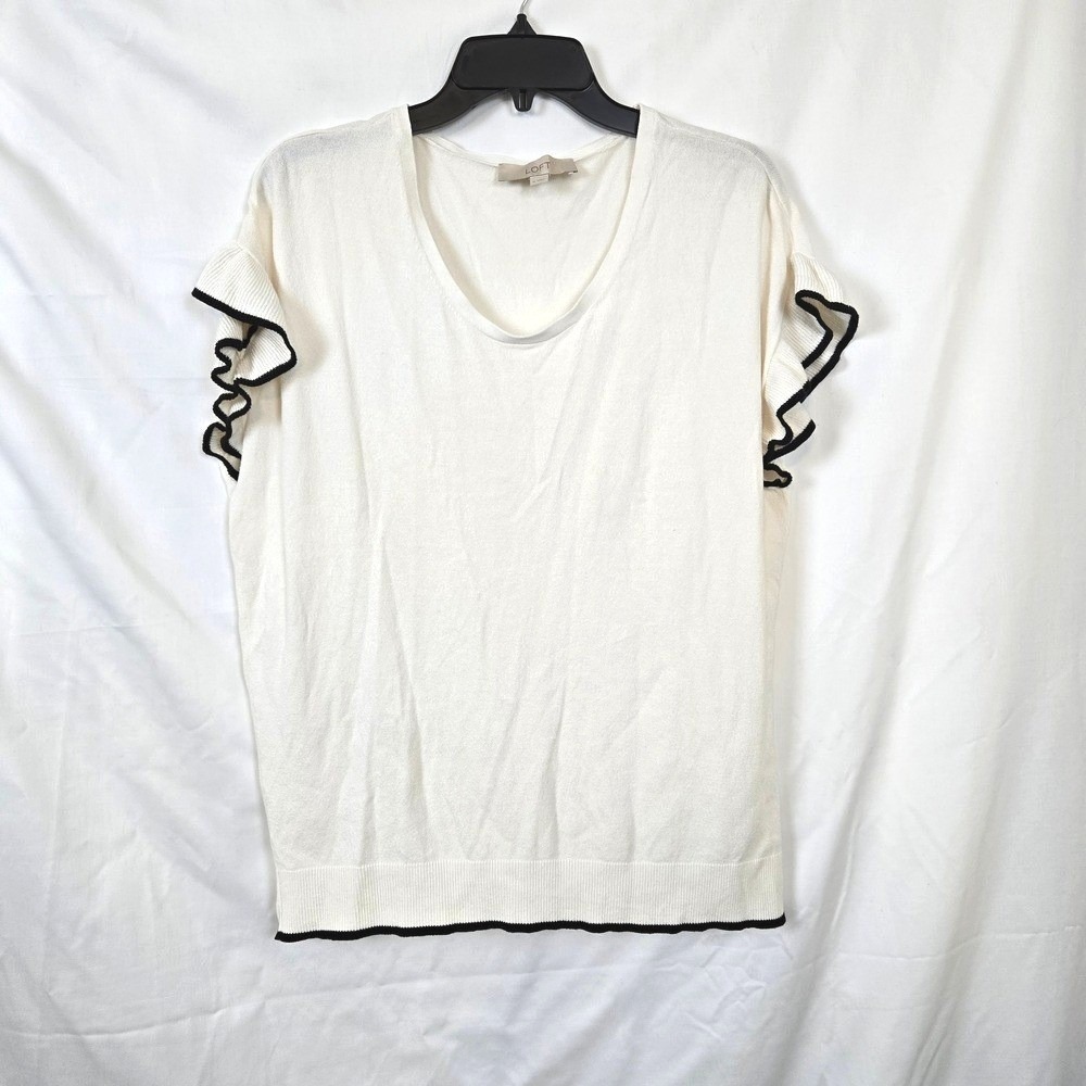 Loft Ivory Black Contrast Ruffle Short Cap Flutter Sleeve Career Knit Top Medium